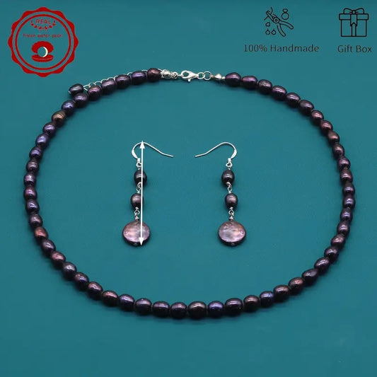 XL-2411PURPLE-008-NS SET BLACK / PURPLE RICE FRESHWATER PEARL SET