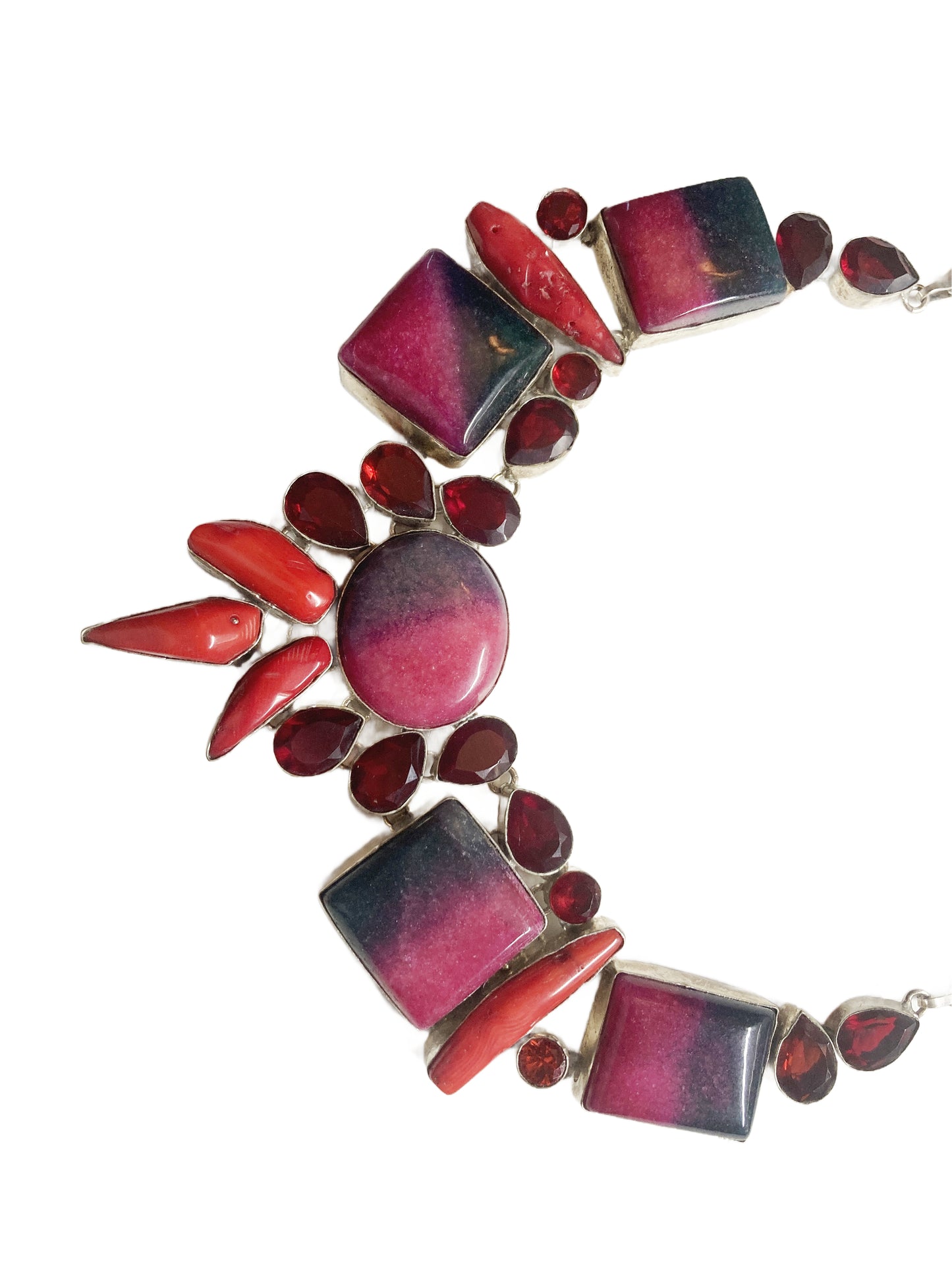 Sterling silver statement necklace in multi shades of red gemstones