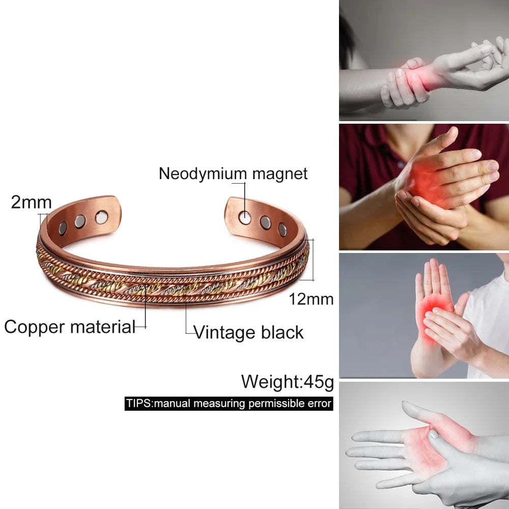 Twisted Pure Copper Bracelet Men Adjustable Cuff Wristband Magnetic Bangles Arthritis Health High Magnet Solid Copper Jewelry