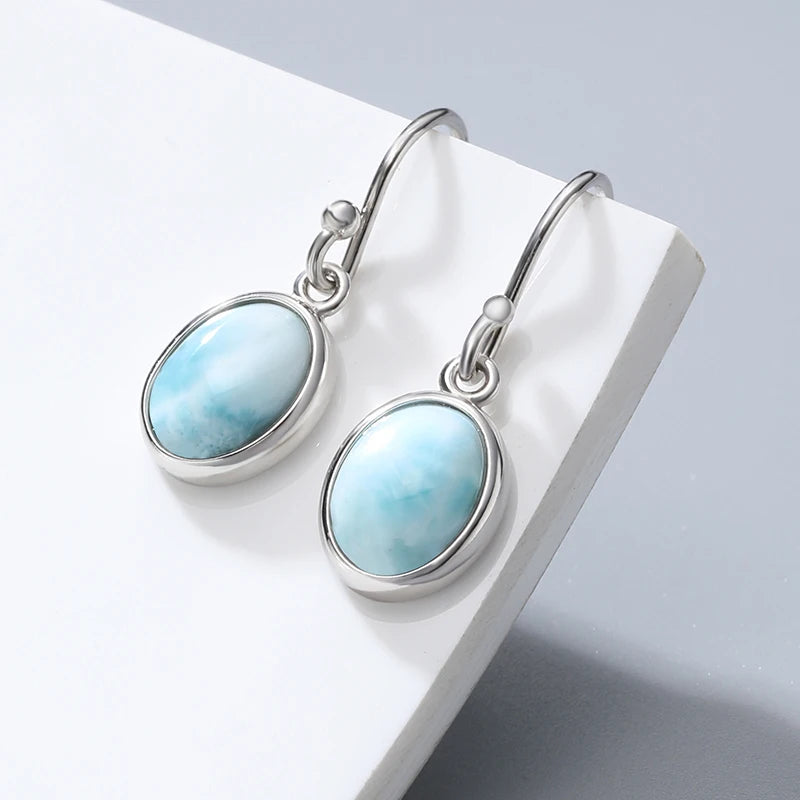 New Fashion Retro Geometry Streamlined Long 925 Sterling Silver Jewelry Girl Natural Precious Larimar Earrings Women