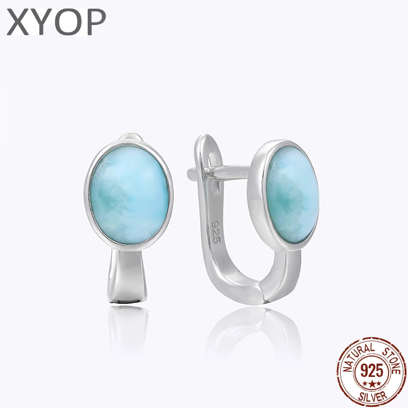 Geometric Oval 925 Sterling Silver Natural Precious Larimar Earrings for Women