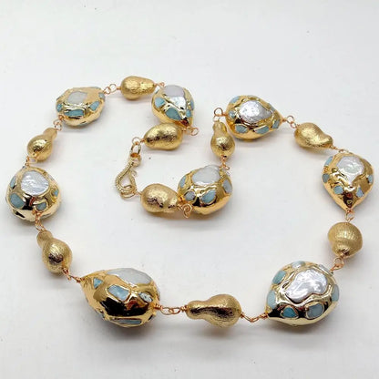 Cultured pearl and larimar chip necklace with gold brushings 24 inch
