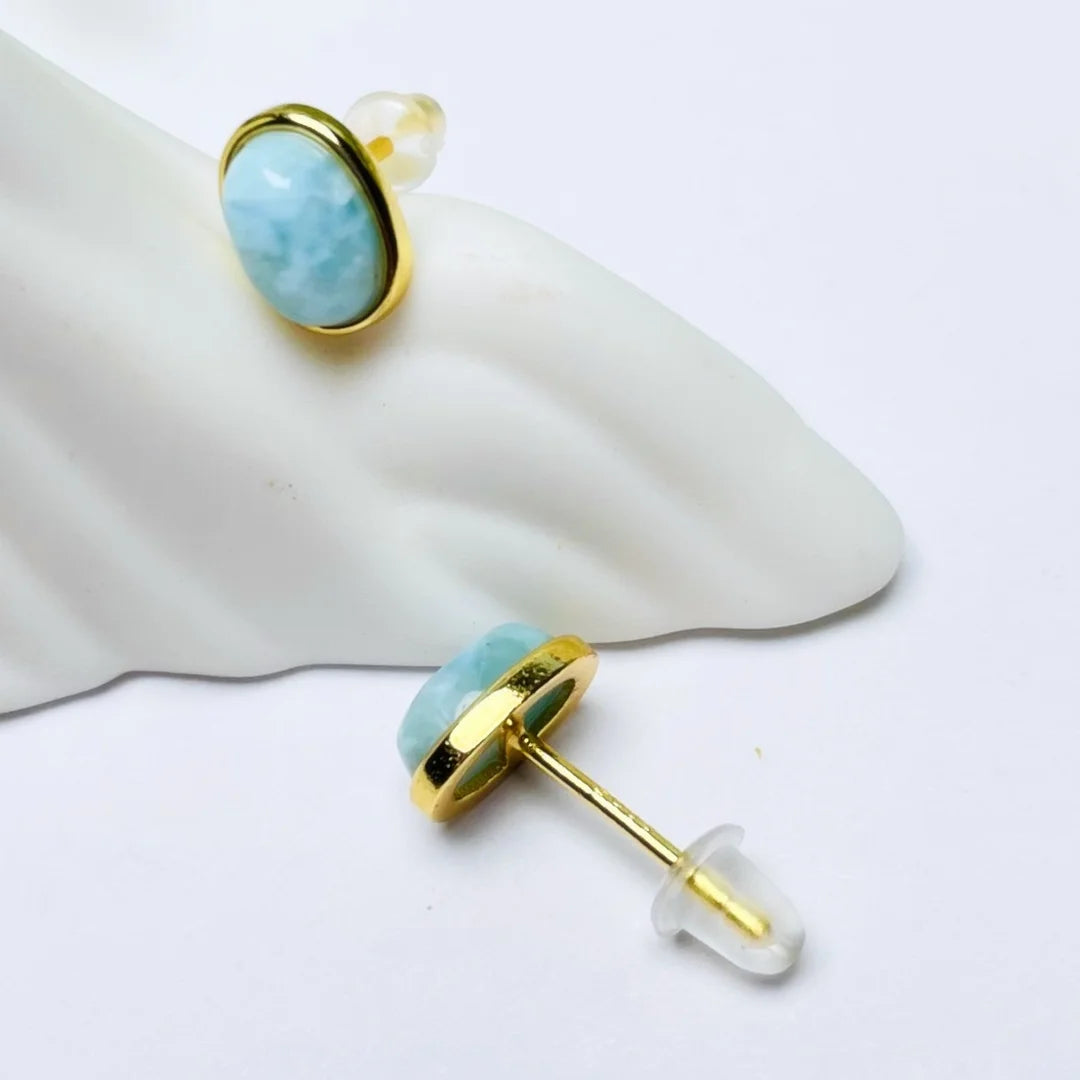 HUAYI wholesale simple Dominican nature Larimar ball Stud Earrings 925 Sterling silver rhodium Unisex fine Jewelry