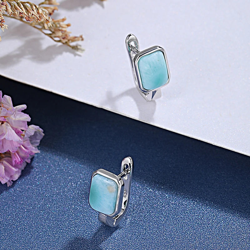 2021 Simple Square 925 Sterling Silver Earring Natural Precious Larimar Earrings for Women