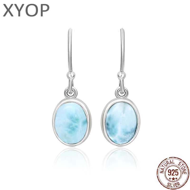 New Fashion Retro Geometry Streamlined Long 925 Sterling Silver Jewelry Girl Natural Precious Larimar Earrings Women