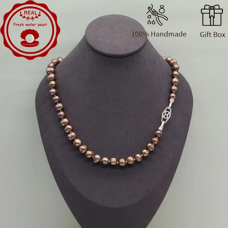 XL-2411GOLDEN-001 FRESHWATER PEARL NECKLACE WITH SILVER 8 RHINESTONE CLASP