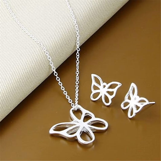 925 Sterling Silver butterfly Necklace and Earring Set