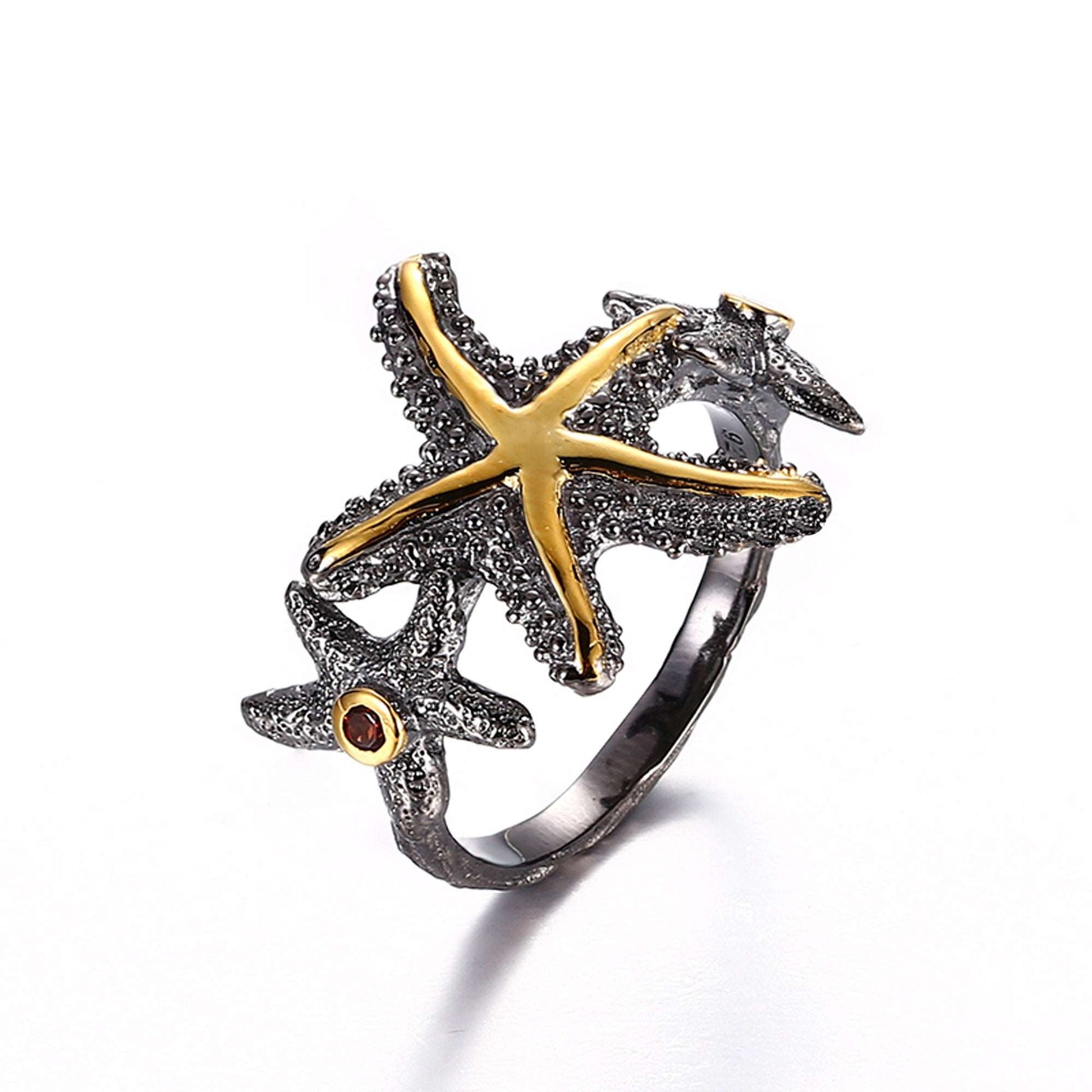 Handcrafted sterling silver starfish ring with 2 garnet gemstones on sides. - Providence silver gold jewelry usa