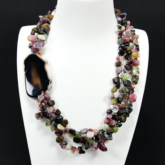 3 Rows Top-drilled Mix Color Natural Tourmaline Agate Necklace Peandant 20'' Muti Strands Necklace Handmade